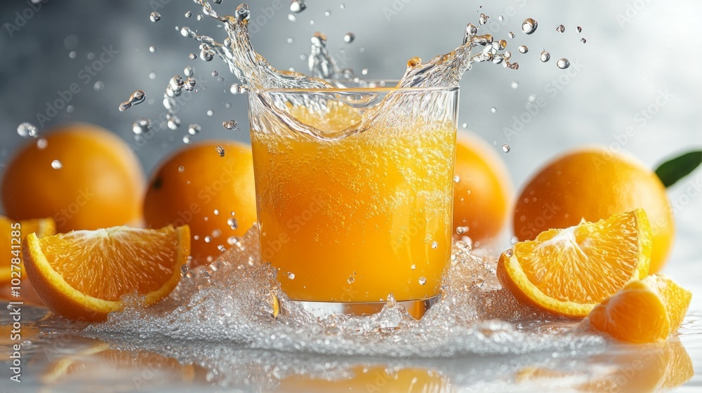 A refreshing glass of orange juice splashes amidst fresh oranges. A refreshing glass of orange juice splashes amidst fresh oranges.