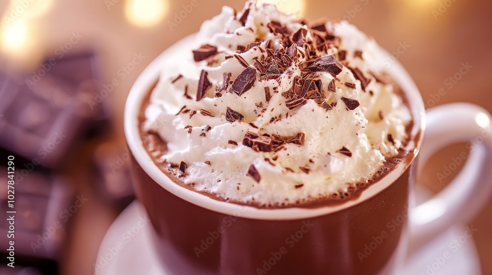 Hot chocolate topped with whipped cream and chocolate shavings, a decadent treat Hot chocolate topped with whipped cream and chocolate shavings, a decadent treat