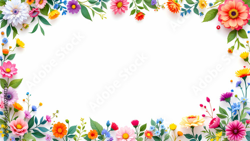 A white background framed by a border of colorful flowers, leaves, and stems, creating a vibrant and natural scene.