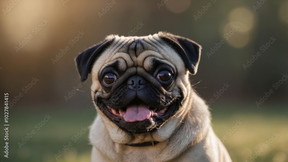 Happy pug enjoying a sunny day in the park with vibrant greenery in the background and a joyful expression Happy pug enjoying a sunny day in the park with vibrant greenery in the background and a joyful expression