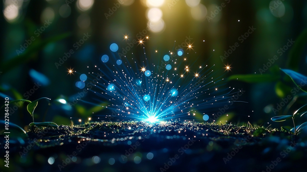 Obraz premium A magic staff radiates beams of light that purify a forest, restoring life and joy – A powerful scene of environmental care and happiness, showcasing magic used for society’s benef