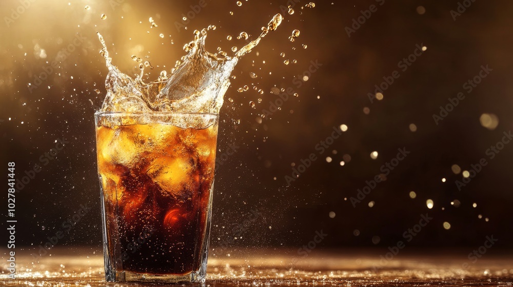Iced coffee splashing into a glass, capturing the coolness and energy of summer Iced coffee splashing into a glass, capturing the coolness and energy of summer