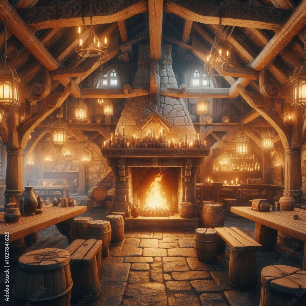 A cozy and rustic tavern interior featuring wooden beams, glowing lanterns, and a warm fireplace, perfect for evoking a medieval or fantasy atmosphere. A cozy and rustic tavern interior featuring wooden beams, glowing lanterns, and a warm fireplace, perfect for evoking a medieval or fantasy atmosphere.
