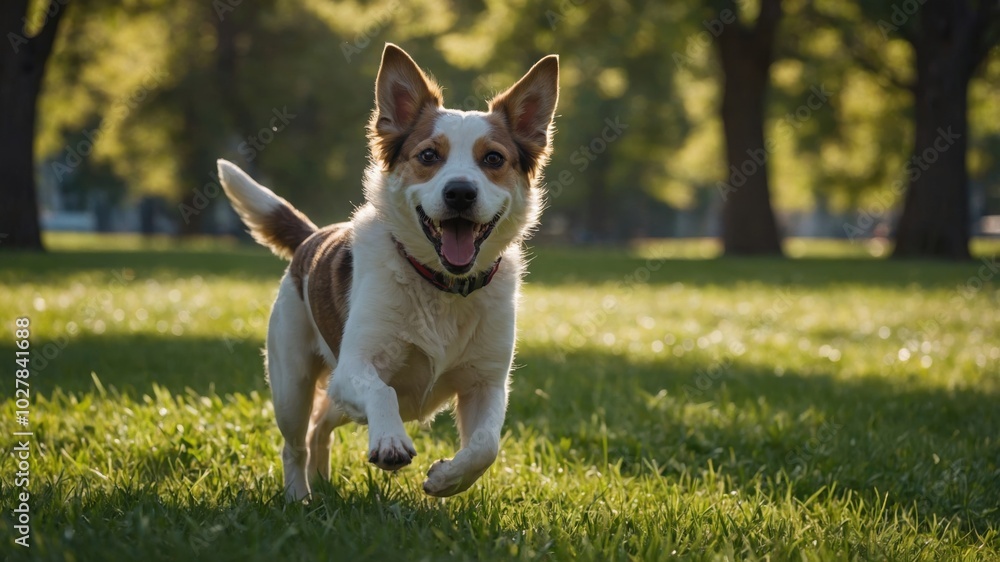 Happy dog joyfully running in a sunlit park during early evening hours Happy dog joyfully running in a sunlit park during early evening hours