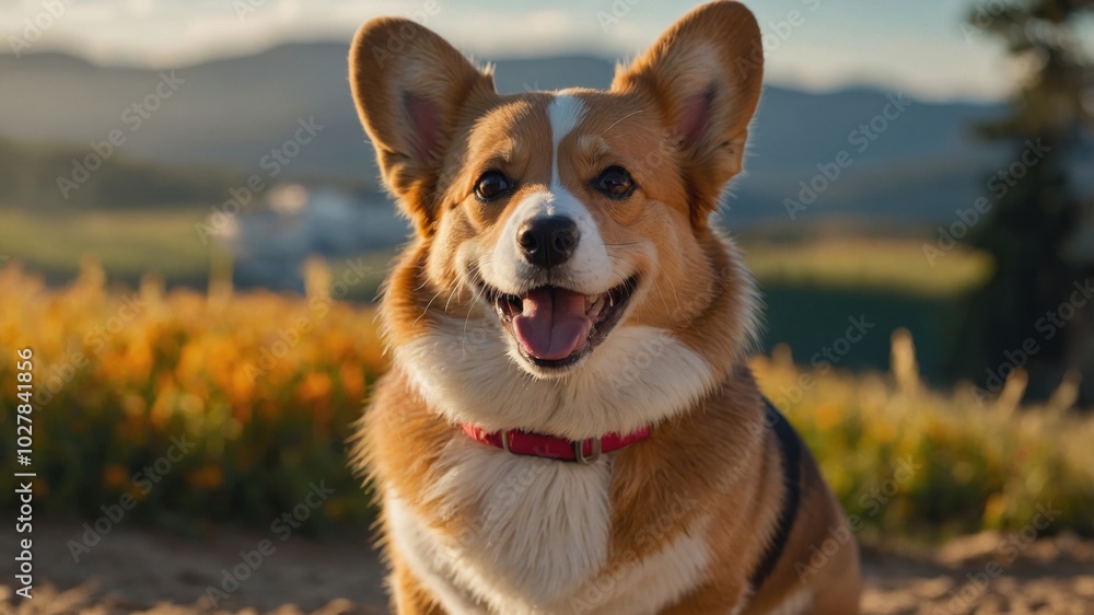 Happy corgi enjoying a sunny day outdoors in a scenic landscape with mountains and fields in the background Happy corgi enjoying a sunny day outdoors in a scenic landscape with mountains and fields in the background
