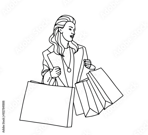 Linear vector black and white illustration with a woman and shopping bags from the Black Friday sale.
