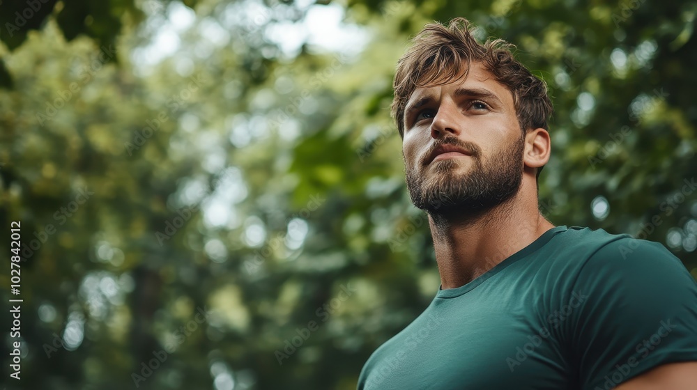 A strong and confident man stands amidst lush greenery, exuding independence and calm in a serene, natural environment during daylight. A strong and confident man stands amidst lush greenery, exuding independence and calm in a serene, natural environment during daylight.