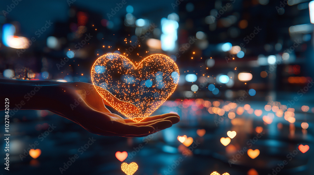 Obraz premium A magician creates a spell of love, and glowing hearts float across a city, spreading joy and kindness – A heartwarming scene of magic used for the benefit of all, encouraging love