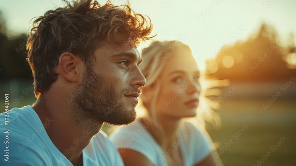 A man and woman, thoughtful and calm, sit watching the sunset, capturing a moment of reflection and serenity in the heart of nature. A man and woman, thoughtful and calm, sit watching the sunset, capturing a moment of reflection and serenity in the heart of nature.