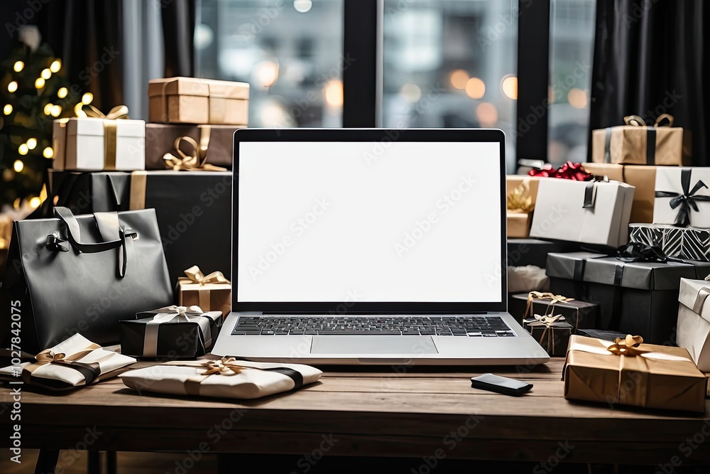 Laptop with a white screen mock up on table in the office of Christmas decor with gift boxes to employees, shopping, corporate gifts, Black Friday,. Laptop with a white screen mock up on table in the office of Christmas decor with gift boxes to employees, shopping, corporate gifts, Black Friday,.