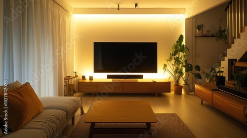 Wallpaper Mural A sophisticated living room setup with a large TV on white walls, wooden furniture, and soft lighting from above Torontodigital.ca