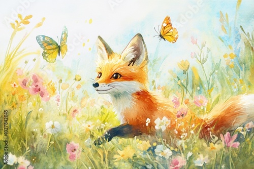 A playful fox runs through a colorful meadow filled with wildflowers, while butterflies flutter around in a soft watercolor illustration