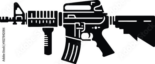 Graphic black detailed silhouette pistols, guns, rifles, submachines, revolvers and shotguns. Isolated on white background