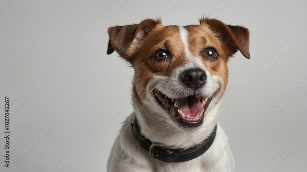 Happy dog with a collar posing for a portrait against a neutral background Happy dog with a collar posing for a portrait against a neutral background