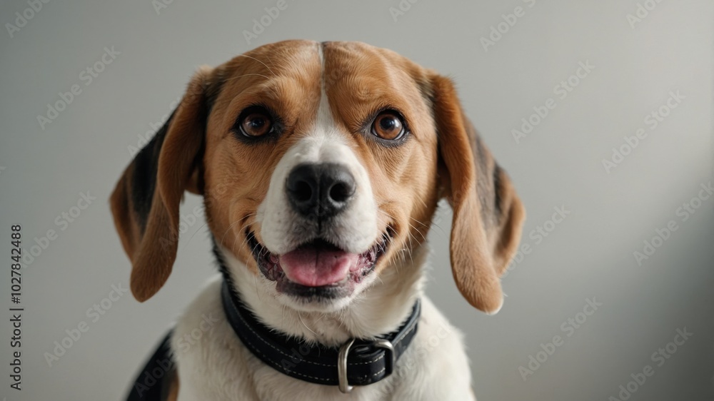 A happy beagle poses with a joyful expression against a neutral background in a cozy indoor setting A happy beagle poses with a joyful expression against a neutral background in a cozy indoor setting