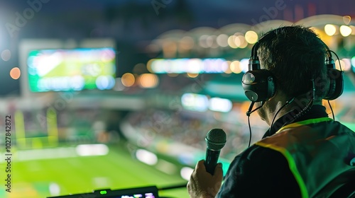 Sports commentator passionately narrating live sports event on television screen, microphone in hand, modern broadcasting studio with clean uncluttered background for copy space.