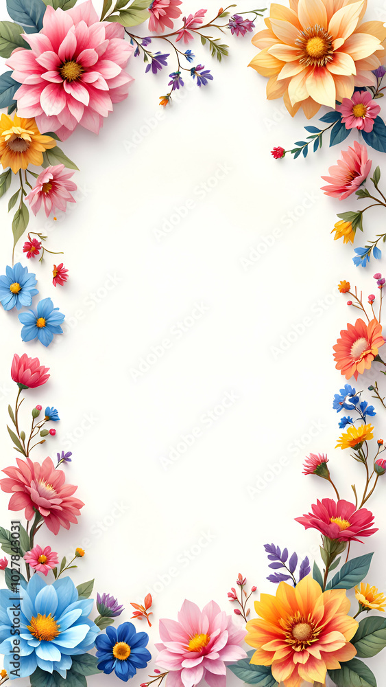 A white background with a frame of colorful flowers and greenery, featuring pink, blue, yellow, and orange blossoms. A white background with a frame of colorful flowers and greenery, featuring pink, blue, yellow, and orange blossoms.