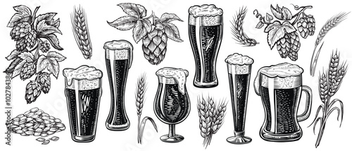 A detailed vector illustrations of a beer glasses with hops and wheat ears in a vintage style. The black and white beer set.