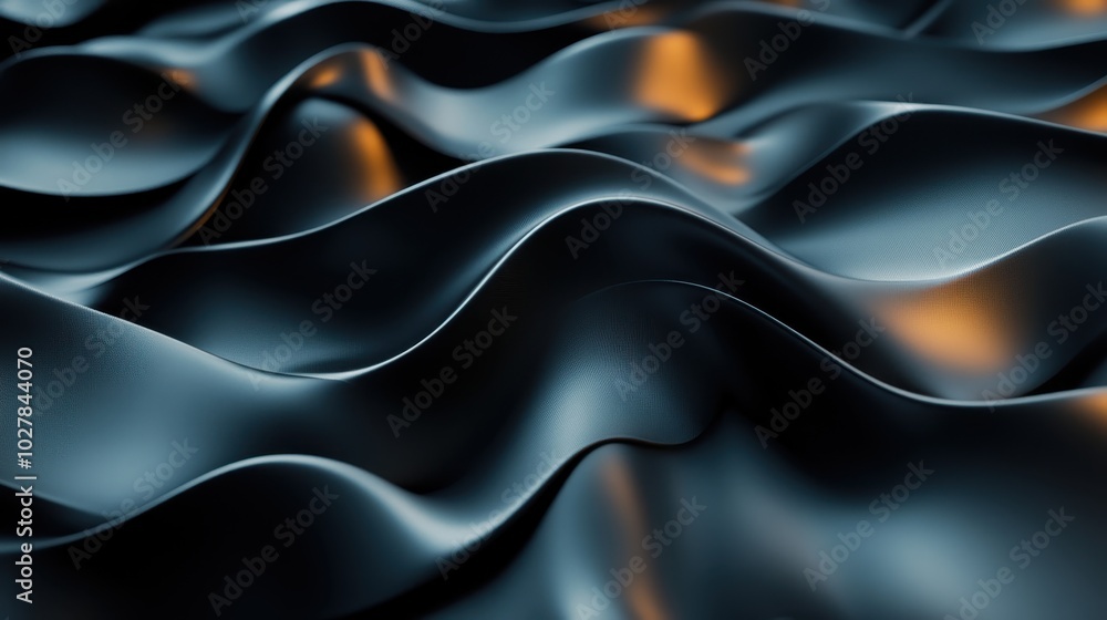 This image shows smooth, metallic waves that appear to undulate gently, reflecting soft glows of light across their surfaces, creating a sense of fluidity and motion.