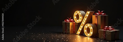 Neon glowing gold percentage sign on a black background. Shop window for Black Friday, sale, discounts, shopping bags. banner, flyer.