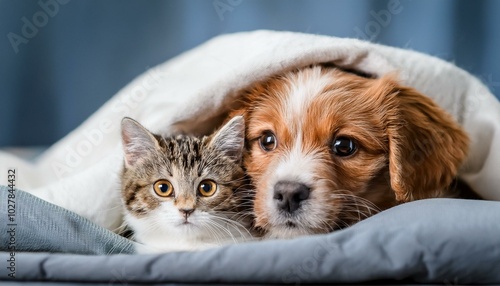 cute little cat and dog in bed at home