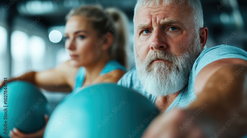 An elderly man is captured in deep focus while engaging in a fitness routine with a blue exercise ball, emphasizing healthy aging and physical resilience. An elderly man is captured in deep focus while engaging in a fitness routine with a blue exercise ball, emphasizing healthy aging and physical resilience.