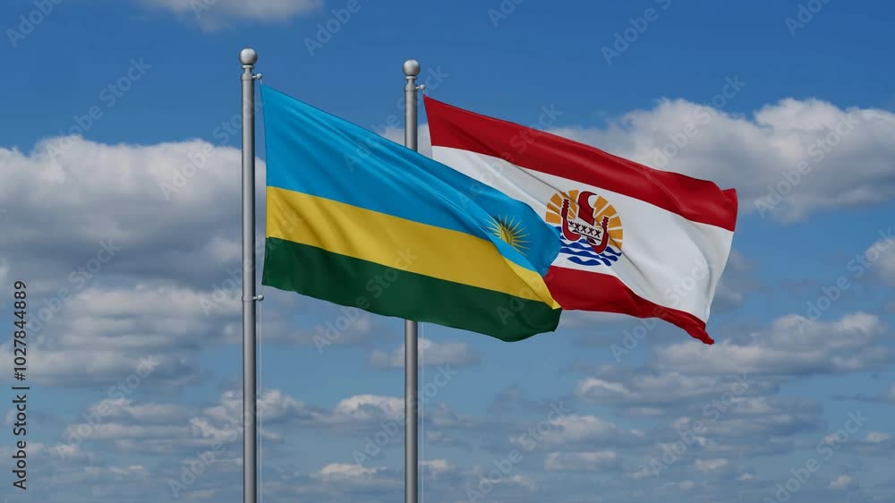 French Polynesia and Rwanda flags flying together, video concept of the relationship, two country relations concept French Polynesia and Rwanda flags flying together, video concept of the relationship, two country relations concept