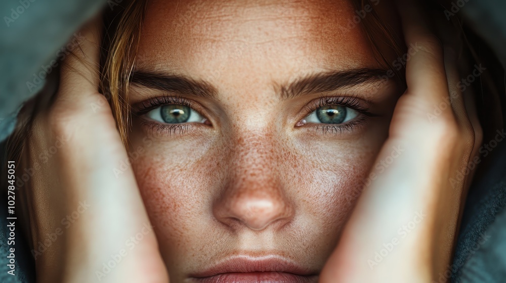 This powerful image showcases an intense close-up portrait of a person's freckled face, emphasizing their striking eyes, revealing deep emotions and intensity. This powerful image showcases an intense close-up portrait of a person's freckled face, emphasizing their striking eyes, revealing deep emotions and intensity.
