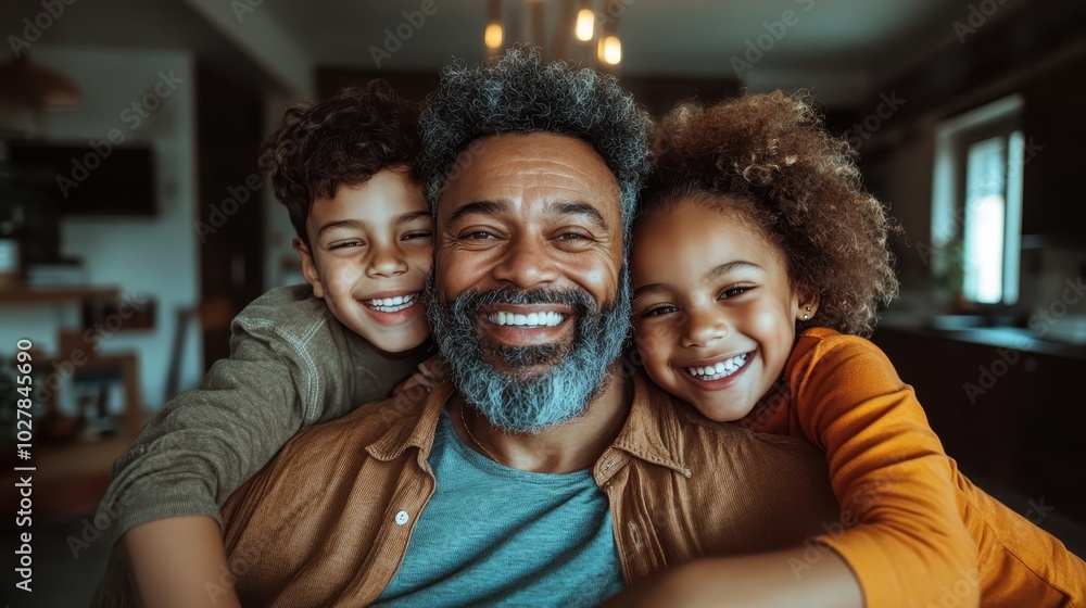 A heartwarming scene of a father joyfully embracing his two children in a cozy home environment, all sharing a moment of laughter and happiness. A heartwarming scene of a father joyfully embracing his two children in a cozy home environment, all sharing a moment of laughter and happiness.