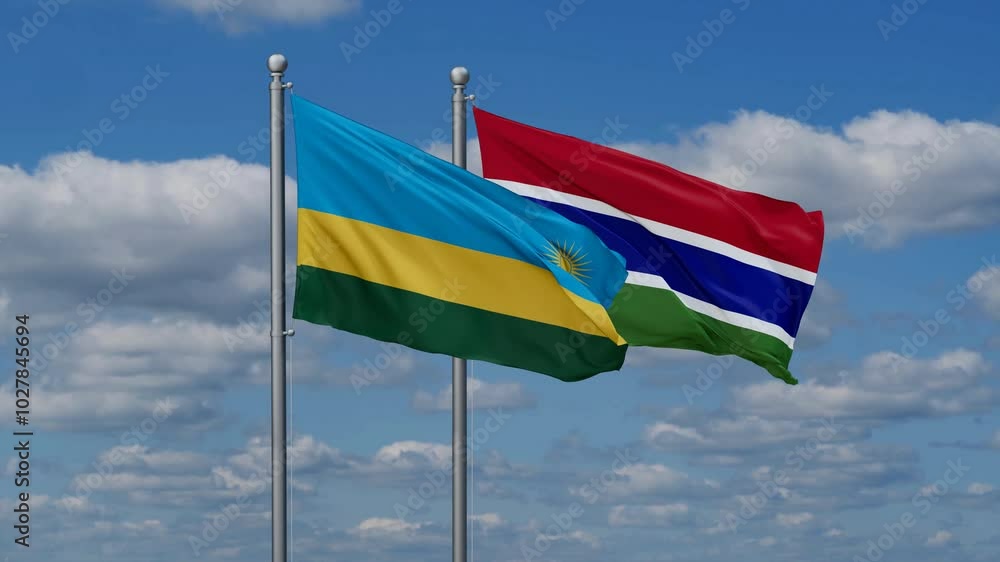 Gambia and Rwanda flags flying together, video concept of the relationship, two country relations concept Gambia and Rwanda flags flying together, video concept of the relationship, two country relations concept