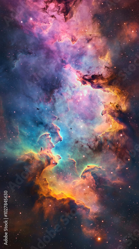 A colorful nebula in various hues somewhere in the universe, with different stars visible through the nebula.