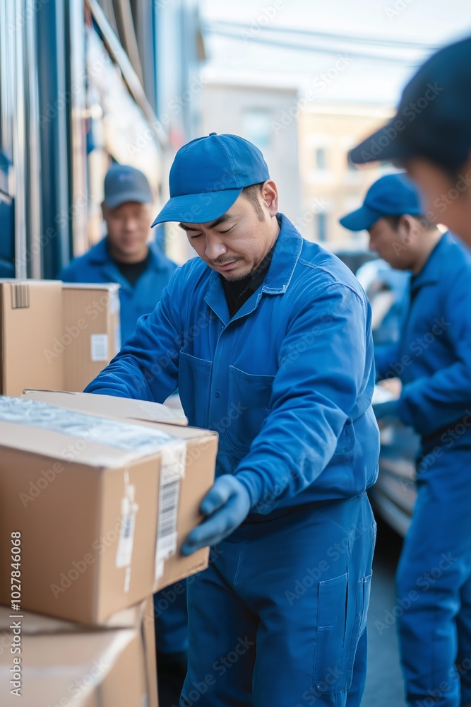 A man in a blue uniform is lifting a box. There are other men in blue uniforms in the background A man in a blue uniform is lifting a box. There are other men in blue uniforms in the background