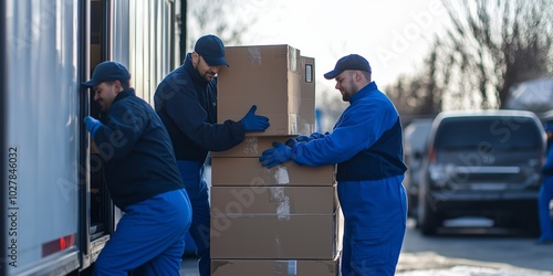 Three men are lifting boxes into a truck. The boxes are stacked on top of each other and the men are wearing blue overalls photo