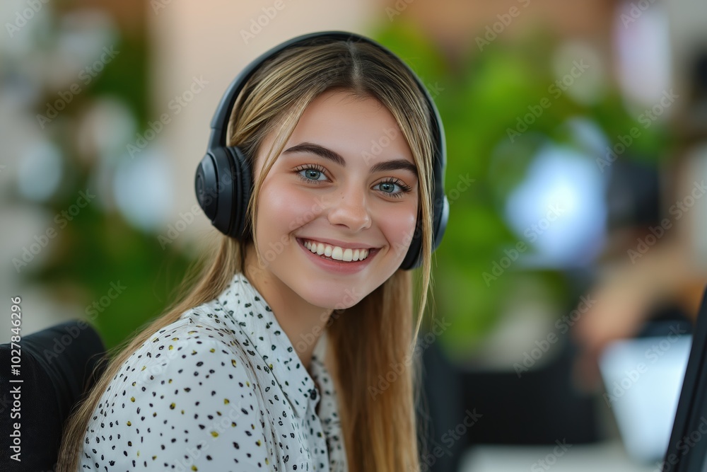 A woman wearing headphones and smiling. She is wearing a white shirt with a green and yellow polka dot pattern A woman wearing headphones and smiling. She is wearing a white shirt with a green and yellow polka dot pattern