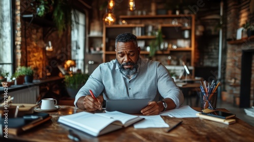 A man working thoughtfully in a stylish, rustic home office filled with books and warm lighting, portraying a harmonious blend of productivity and comfort.