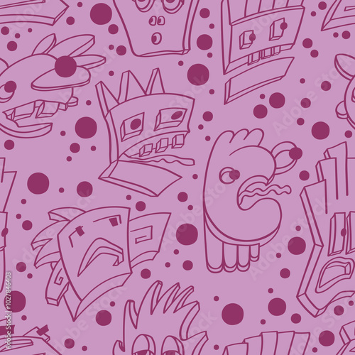 Seamless background with funny faces of anthropomorphic creatures. Humorous characters with different emotion