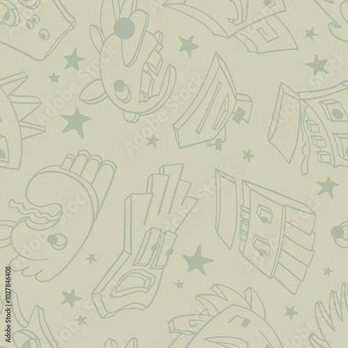 Seamless background with funny faces of anthropomorphic creatures. Humorous characters with different emotion
