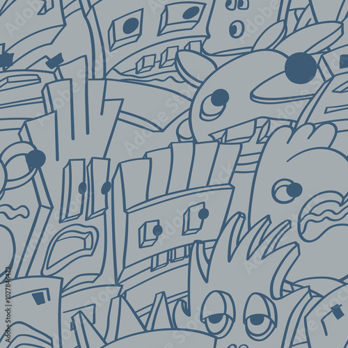 Seamless background with funny faces of anthropomorphic creatures. Humorous characters with different emotion