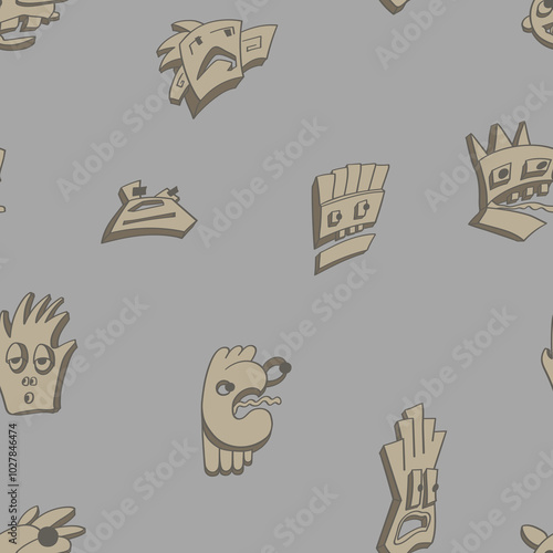 Seamless background with funny faces of anthropomorphic creatures. Humorous characters with different emotion