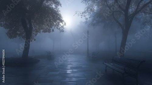 Fog blankets the quiet park at dawn, casting an ethereal ambiance over benches and trees in the soft morning light