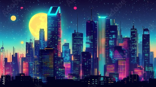 Vibrant city skyline under a starry night sky