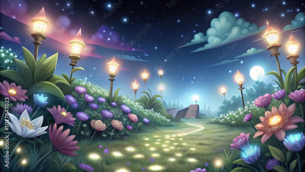 A Magical Nighttime Garden Path Illuminated by Lanterns and Glowing Flowers A Magical Nighttime Garden Path Illuminated by Lanterns and Glowing Flowers