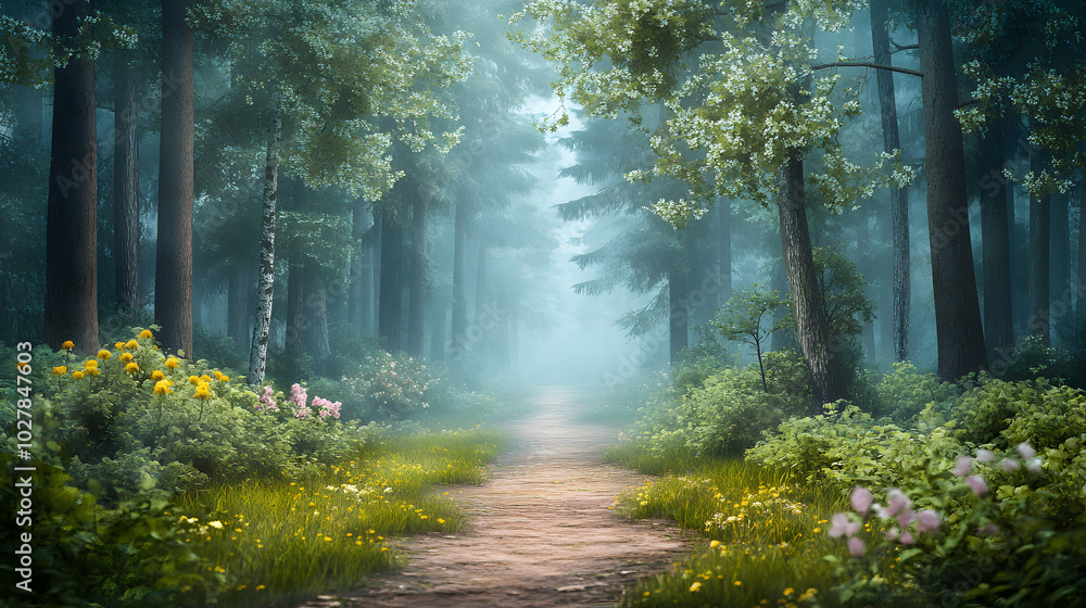 Obraz premium A tranquil forest pathway surrounded by lush greenery and vibrant wildflowers during a misty morning in nature