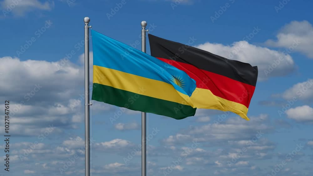 Germany and Rwanda flags flying together, video concept of the relationship, two country relations concept Germany and Rwanda flags flying together, video concept of the relationship, two country relations concept