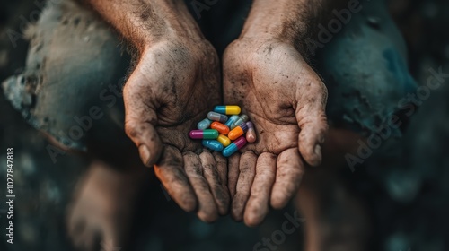 Two dirt-stained hands present an assortment of vibrant capsules, illustrating a narrative of endurance and the ongoing search for wellness and relief amidst hardship. photo