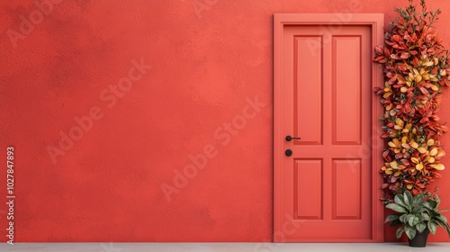 Stylish door with vibrant wall and colorful foliage decoration.