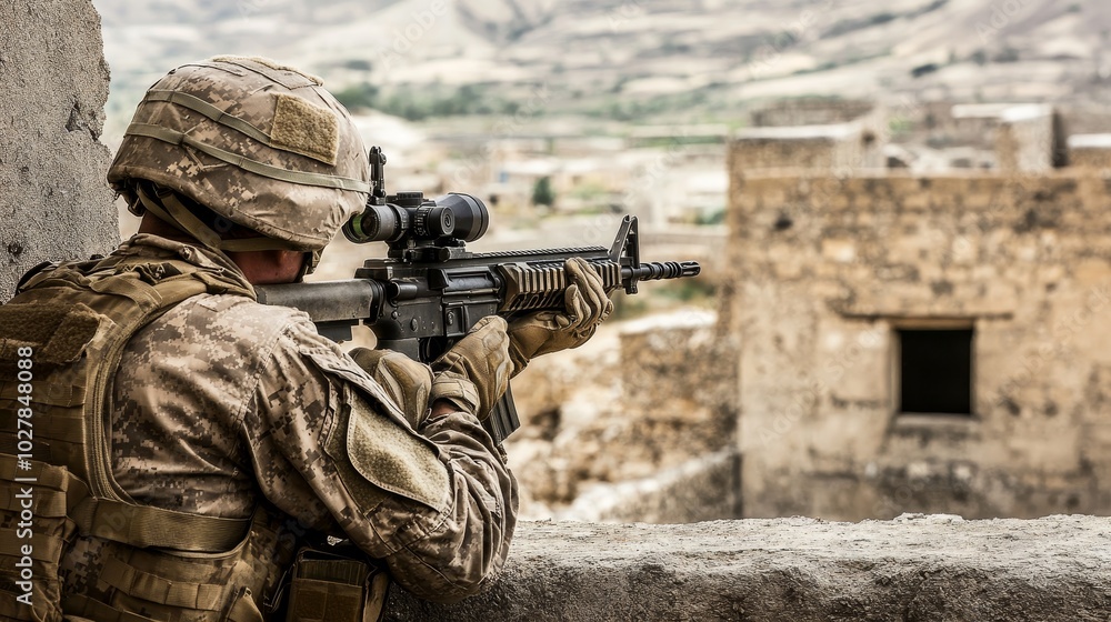 Precision Strike: A soldier prepares to fire a precision shot from a sniper rifle. Precision Strike: A soldier prepares to fire a precision shot from a sniper rifle.