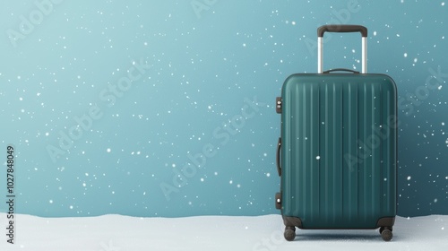 Stylish suitcase against a snowy winter backdrop, ideal for holiday travel. photo