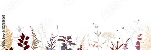 Brown, beige and burgundy plants vector design frame. Pastel pampas grass, fern, dried plants, pale hydrangea. Wedding floral boho card. Horizontal banner template. Elements are isolated and editable