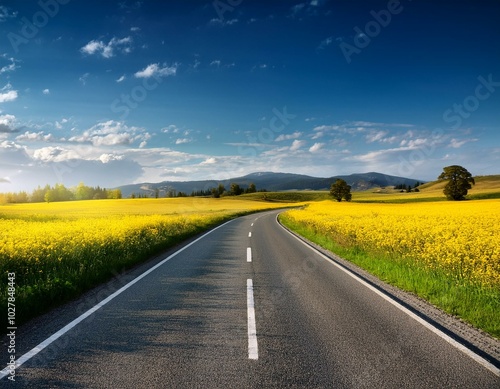 empty asphalt road and floral field of yellow flowers summer spring autumn background